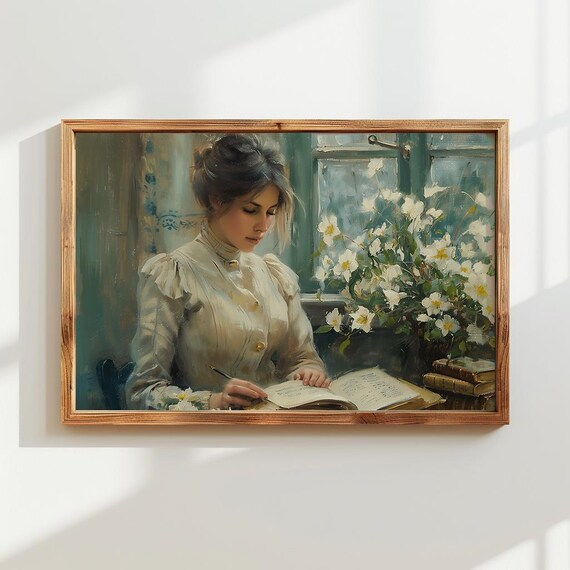 Woman Writing Journal Window Flowers Vintage Portrait Poster