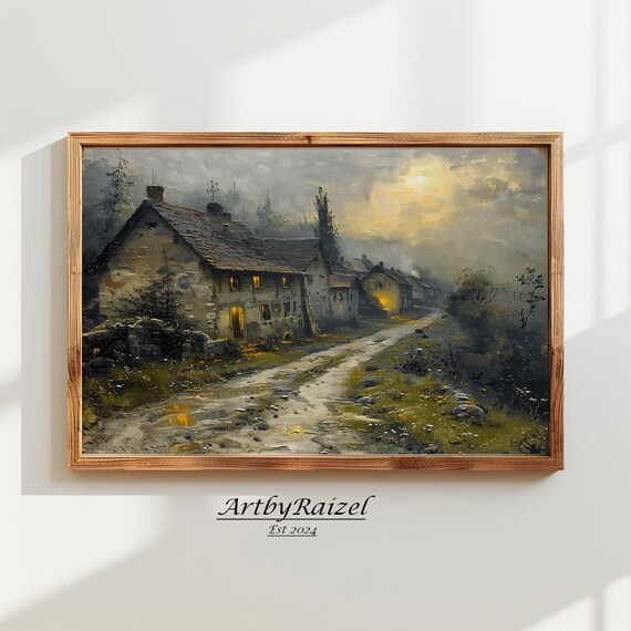 Moody Stone Cottage At Dusk Glowing Windows Rustic Art Poster
