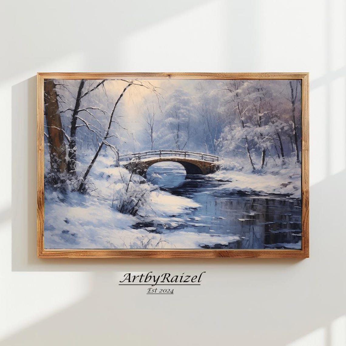 Snowy Winter Forest Stream With Arched Stone Bridge Art Poster