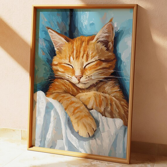 Sleeping Orange Tabby Cat Colorful Cozy Painting Cat Art Poster