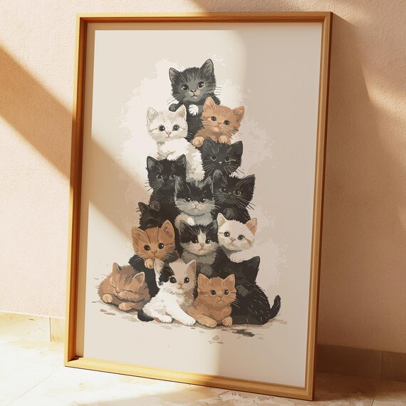 Cute Kittens Stacked Together Wholesome Vintage Cat Art Poster