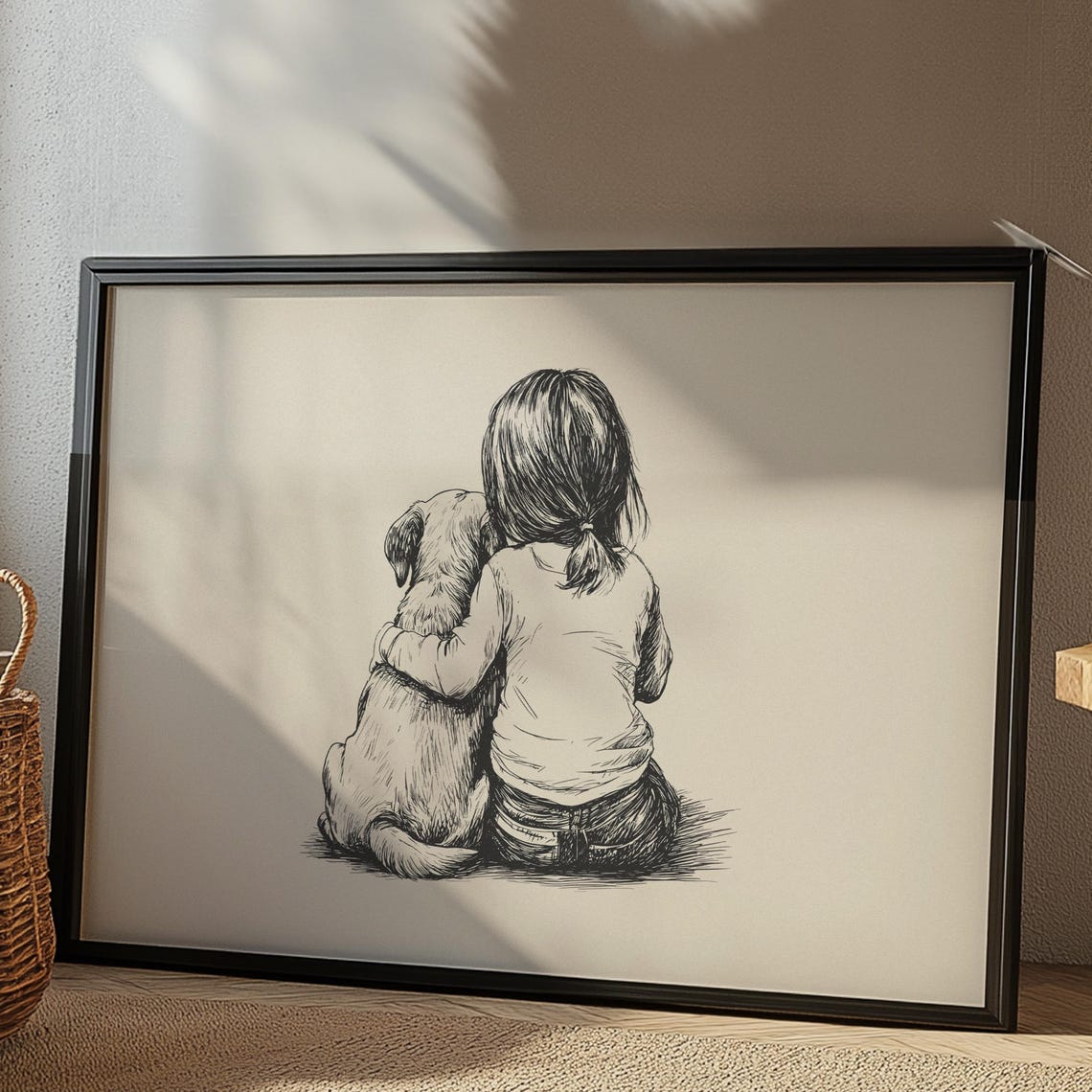 Girl And Labrador Retriever Nursery Print Dog Vintage Poster Girls Nursery Art Retro Dog Drawing Dog Art Sketch Baby Room Wall Decor