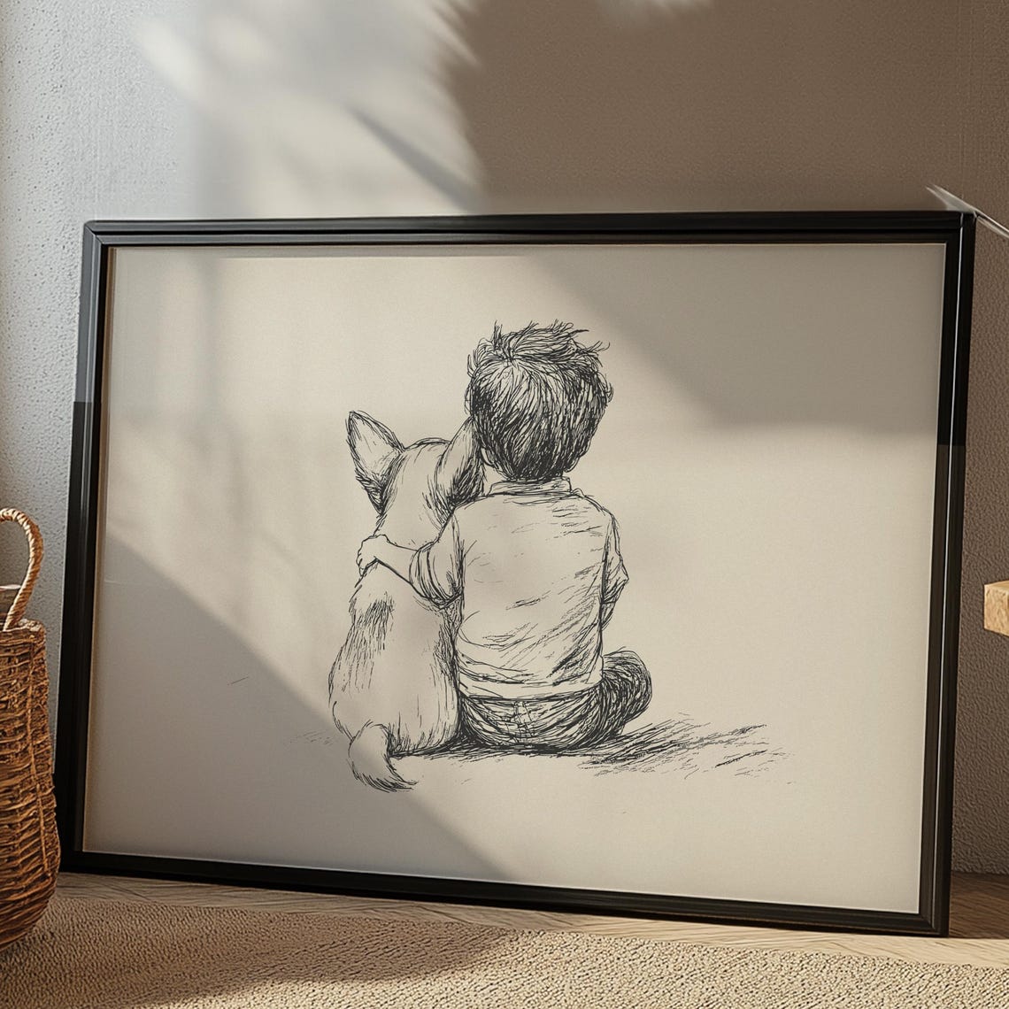 Corgi And Boy Nursery Print Dog Nursery Art Kids Room Retro Poster Corgi Puppy Sketch Art Neutral Dog Drawing Boys Room Painting Decor