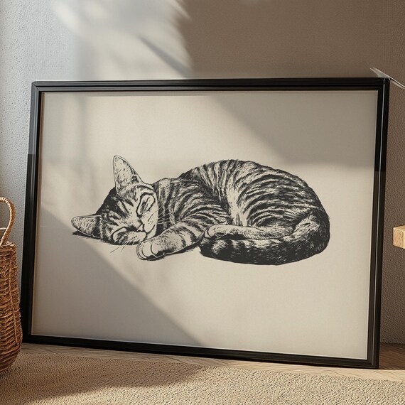 Sleeping Tabby Cat Curled Up Peaceful Kitten Sketch Art Poster