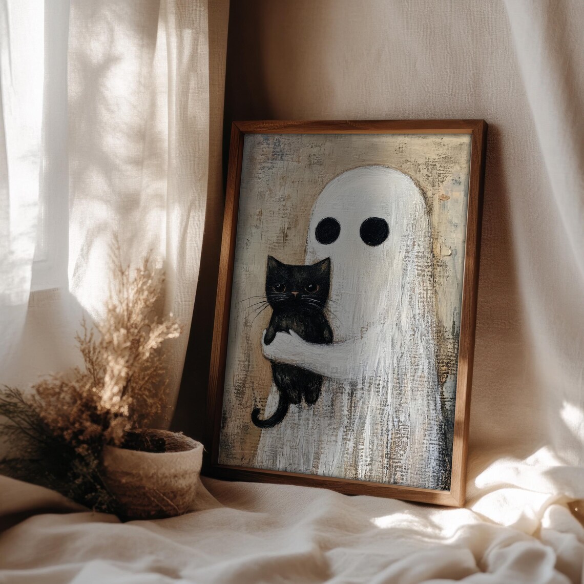 White Ghost Tenderly Hugging a Black Kitten Vintage Art Poster - Image 2