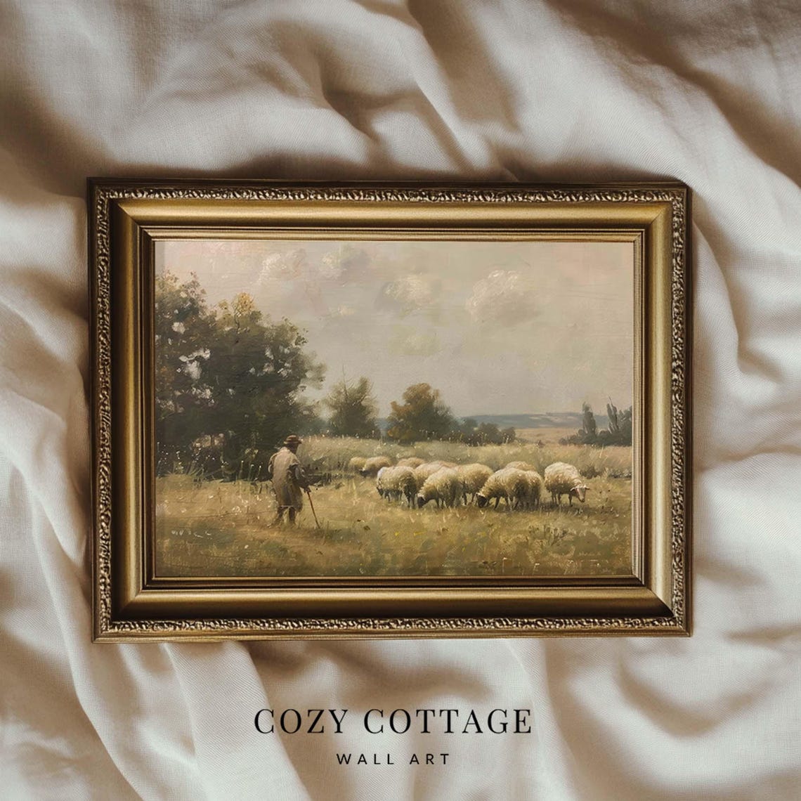 Shepherd And His Sheep Vintage Style Art Print