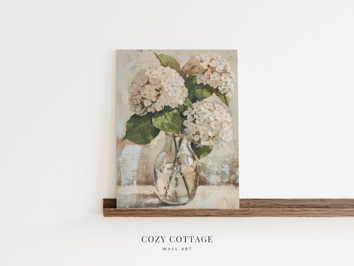 White Hydrangea Flowers in Glass Vase, Vintage Still Life - Image 2