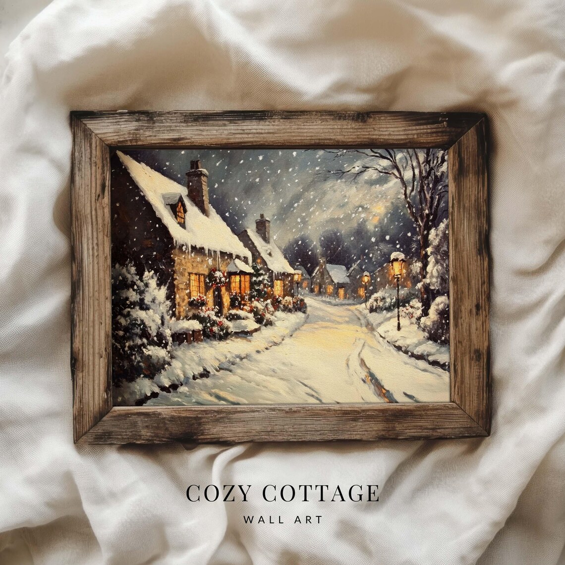 English Village Winter Night, Cozy Vintage Style