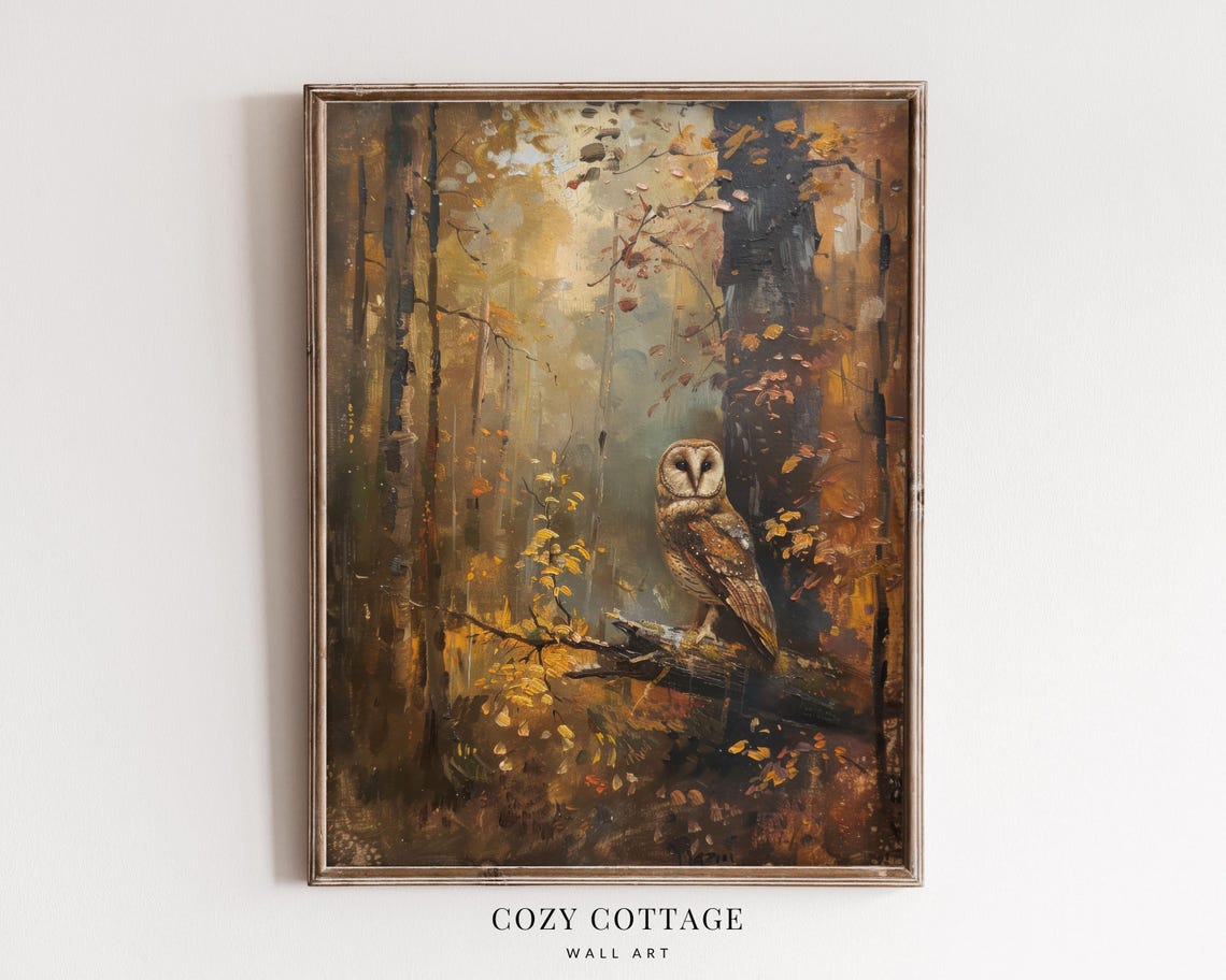 Owl In Moody Autumn Forest Vintage Halloween Art Print