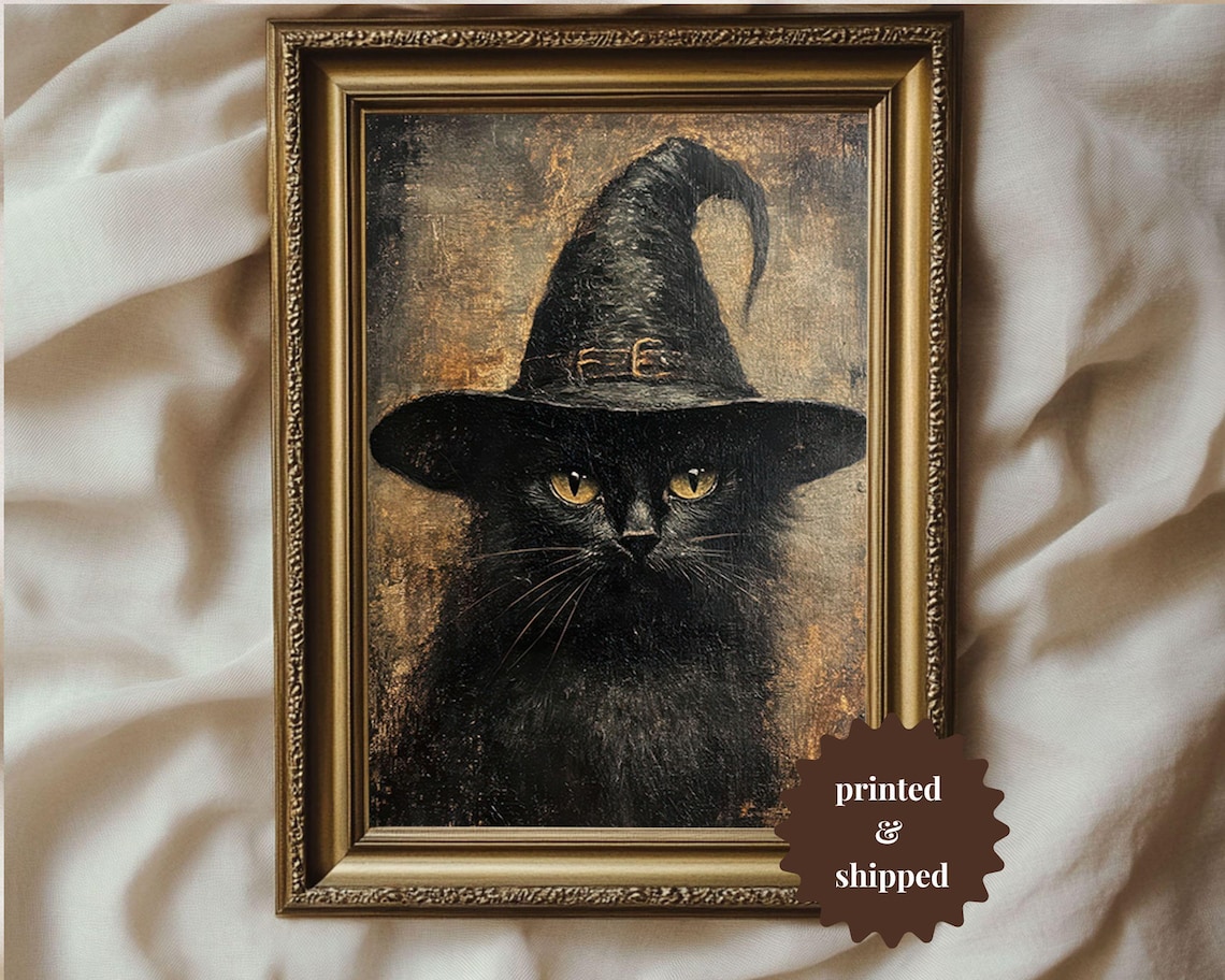 Black Cat in a Tall Witch Hat Moody Vintage Portrait Art Poster