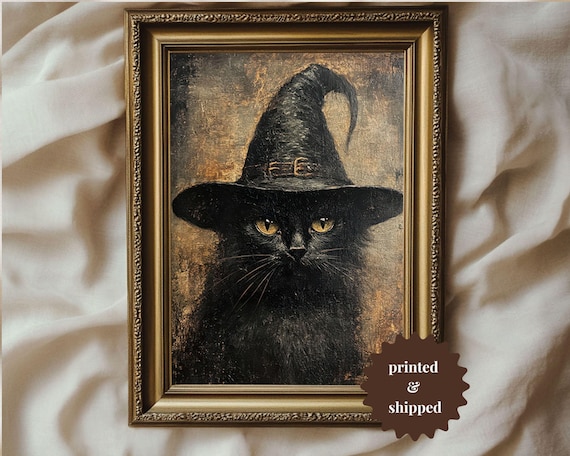 Black Cat in a Tall Witch Hat Moody Vintage Portrait Art Poster