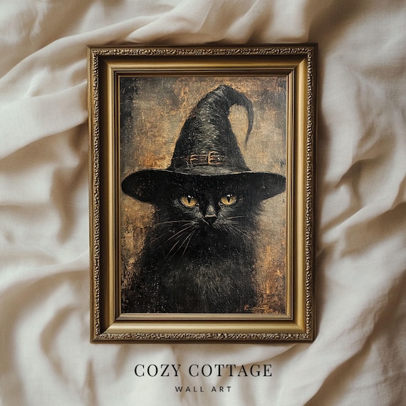 Witchy Black Cat, Vintage Style Art Print