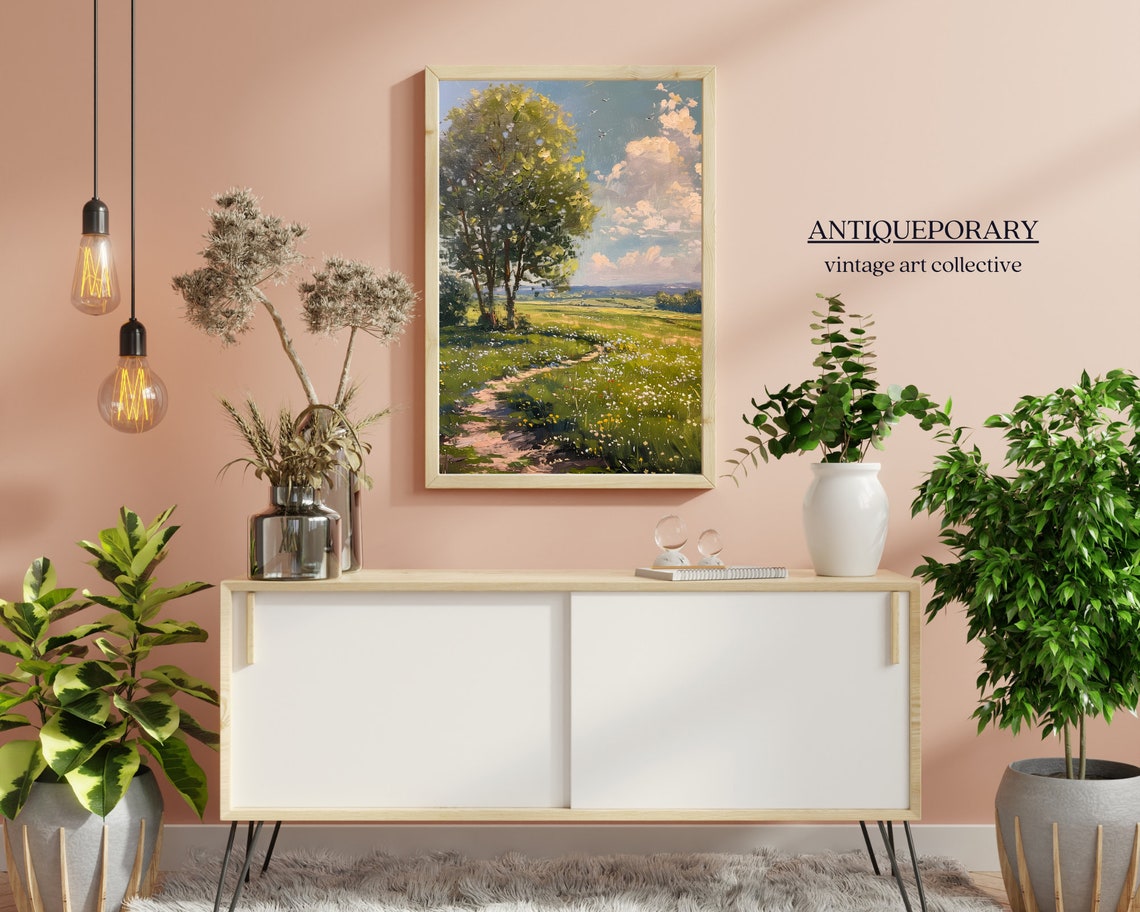 Spring Meadow Path Big Tree Wildflowers Vintage Landscape Poster - Image 5