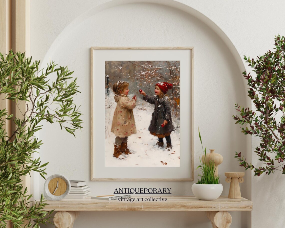 Two Girls Playing Together in the Snow Winter Nostalgia Scene Poster - Image 5