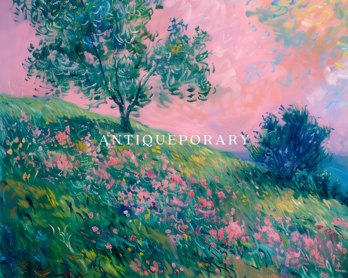 Wildflower Meadow Sunset Hillside Impressionist Landscape Poster - Image 3
