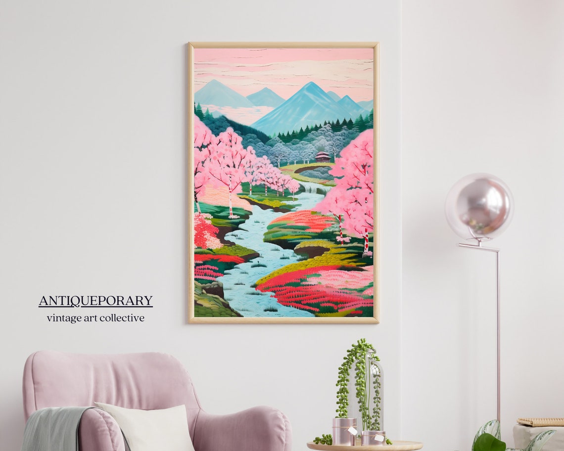 Pastel Cherry Blossom Valley River with Blue Mountains Poster - Image 7
