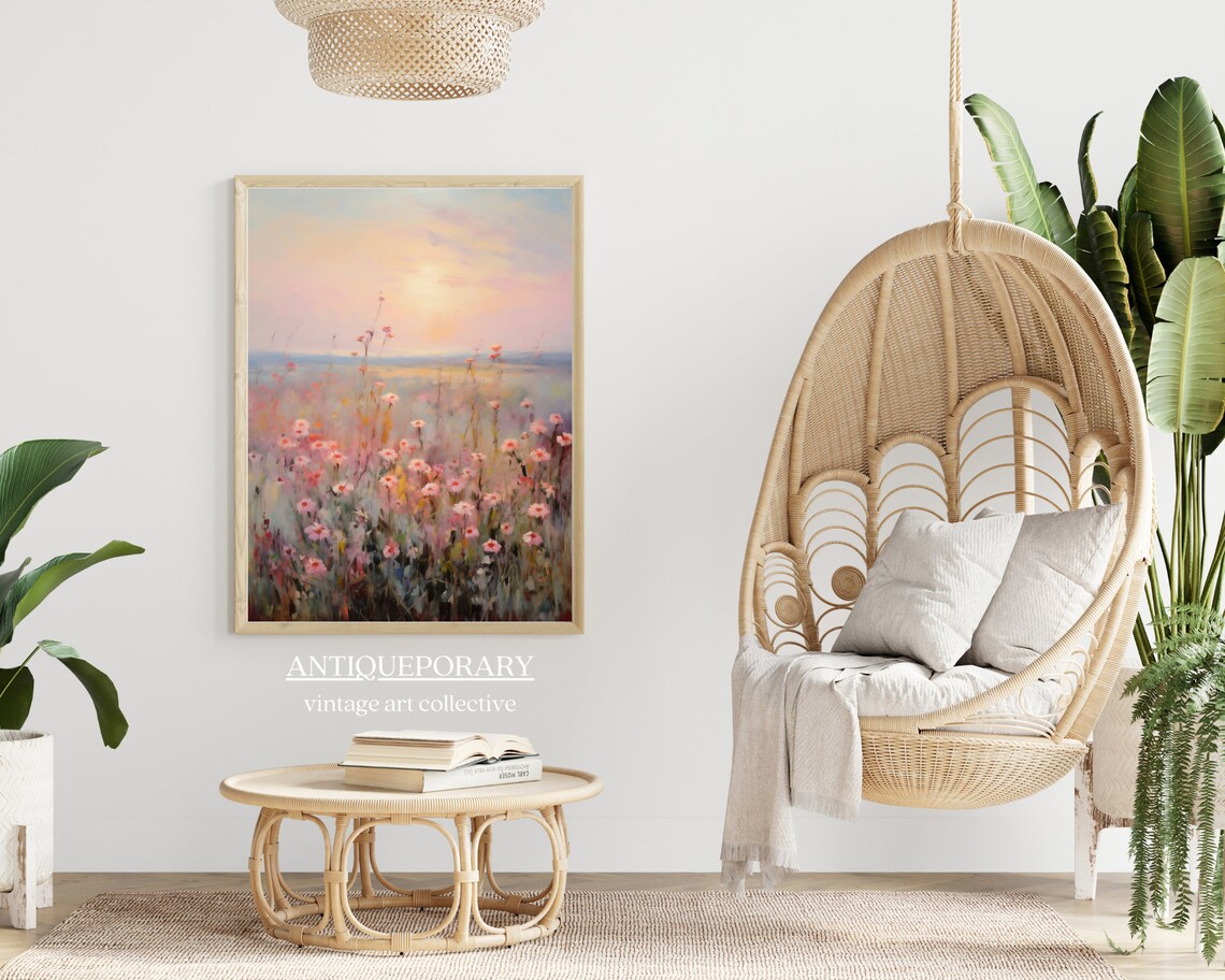 Pink Wildflowers at Sunset Dreamy Pastel Field Vintage Painting Poster - Image 6