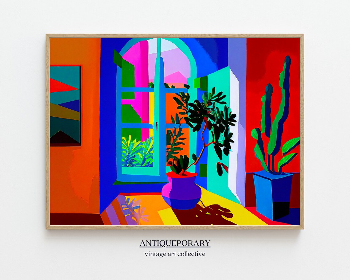 Fauvist Colorful Interior with Window Plants Bold Art Poster