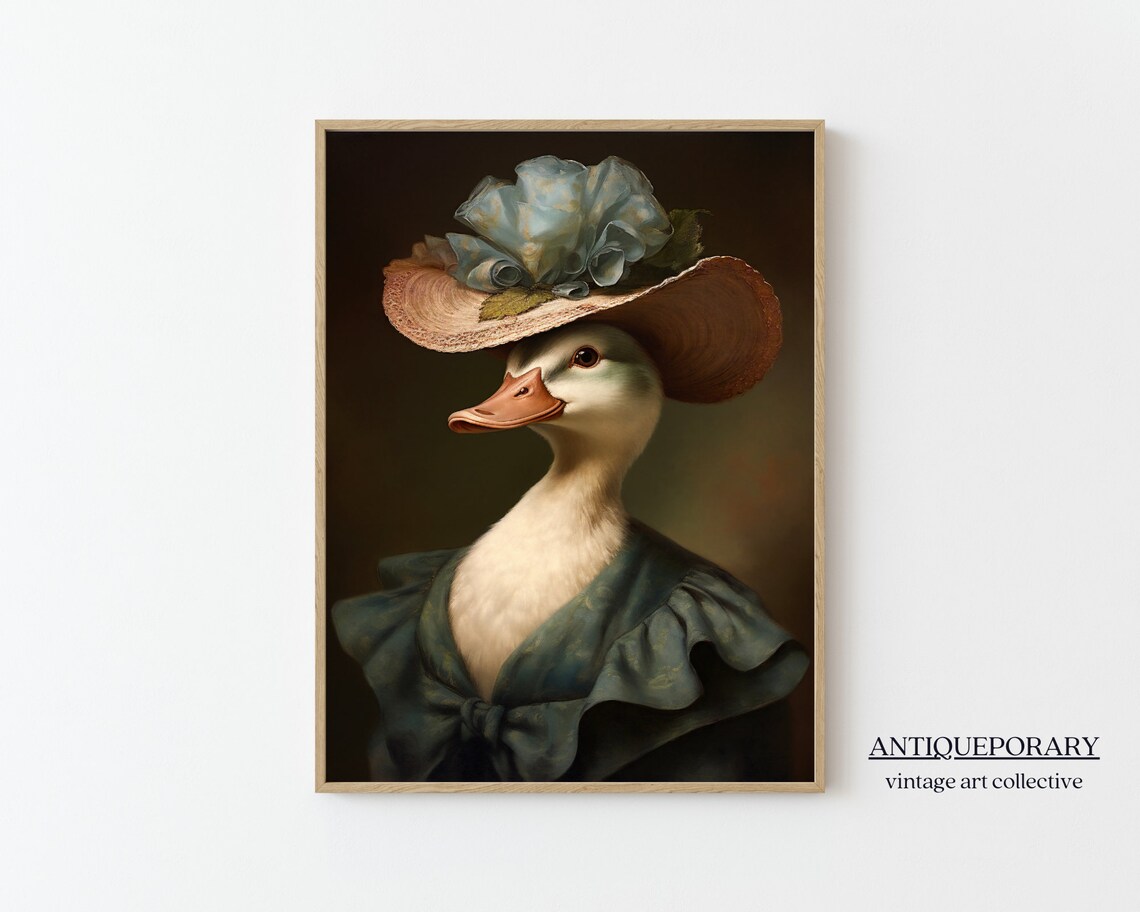 Charming Duck Lady Straw Hat Blue Bloom Oil Portrait Animal Art Poster