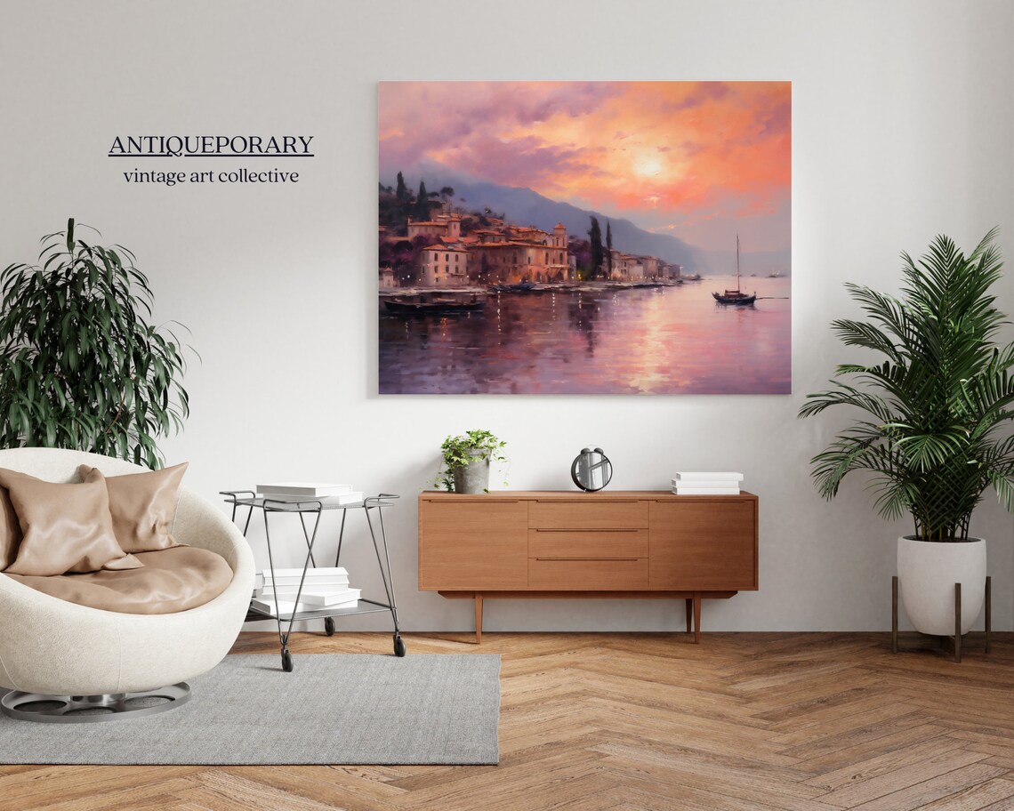 Harbor Town at Sunset with Boats Impressionist Landscape Poster - Image 5