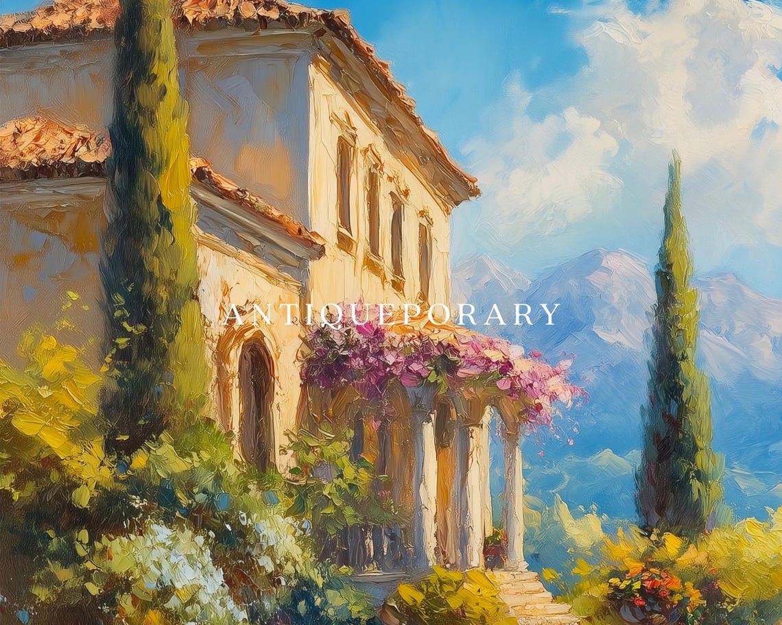 European Villa Terrace Cypress Garden Sunny Oil Painting Poster - Image 3