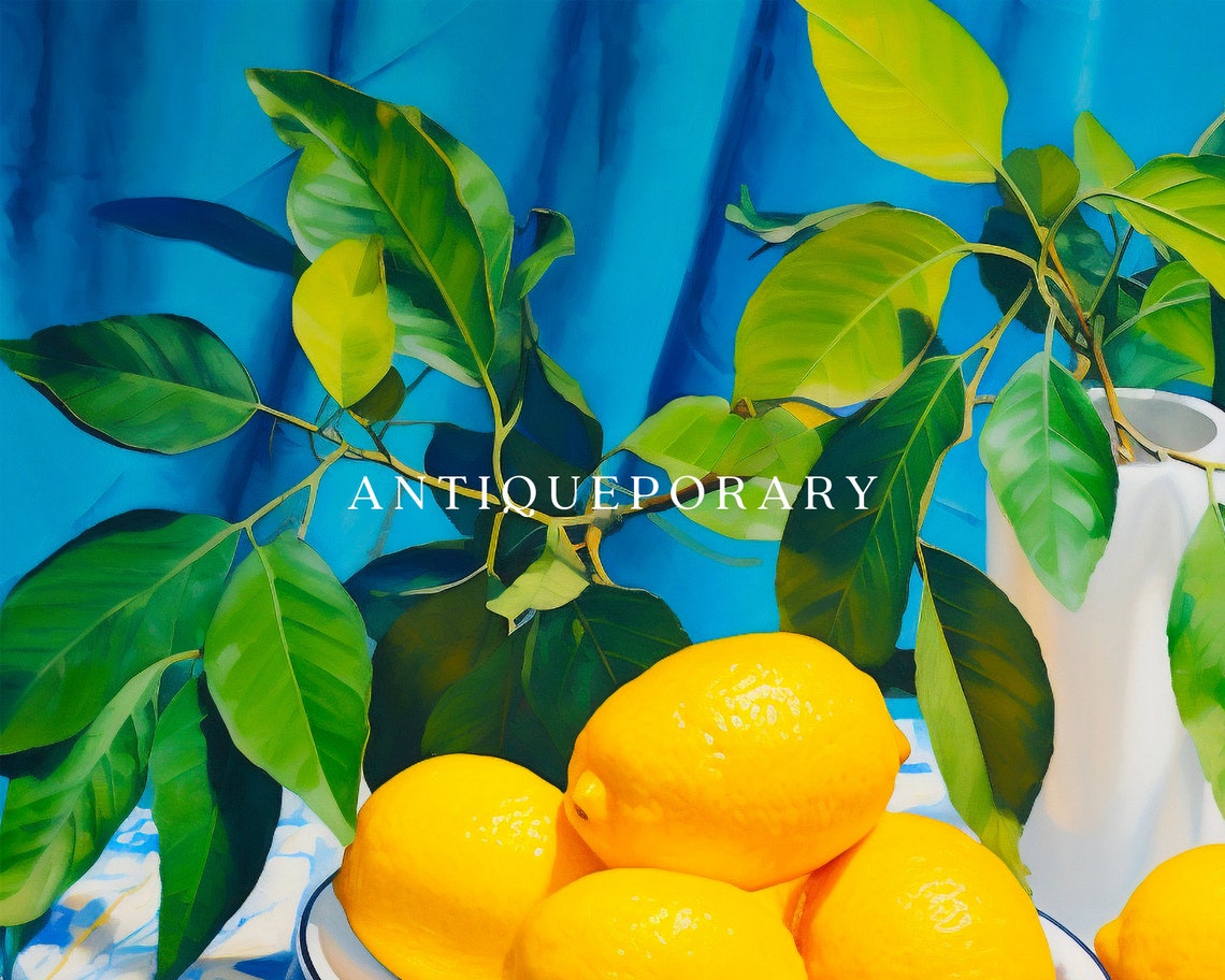 Lemon Branch Vase Plate Blue Cloth Bright Citrus Still Life Poster - Image 3