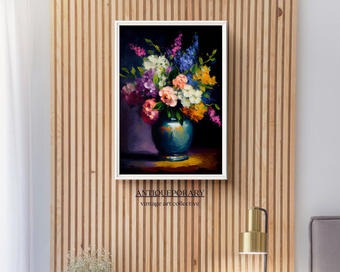 Lush Colorful Bouquet in Teal Ceramic Vase Dark Background Print - Image 5