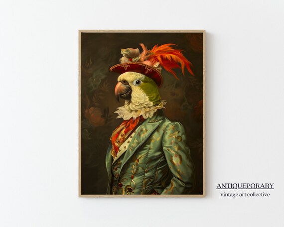 Victorian Animal Portrait Royal Parrot Vintage Print Dark Moody Renaissance Animal Poster Altered Art Animal Lover Gift