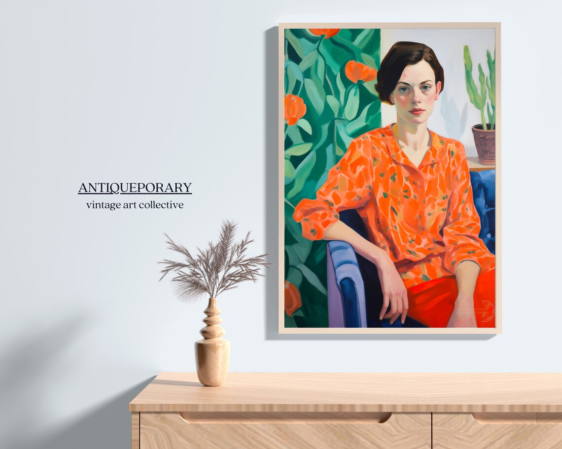 Woman in Orange Floral Blouse Modern Portrait with Tulips Poster - Image 6