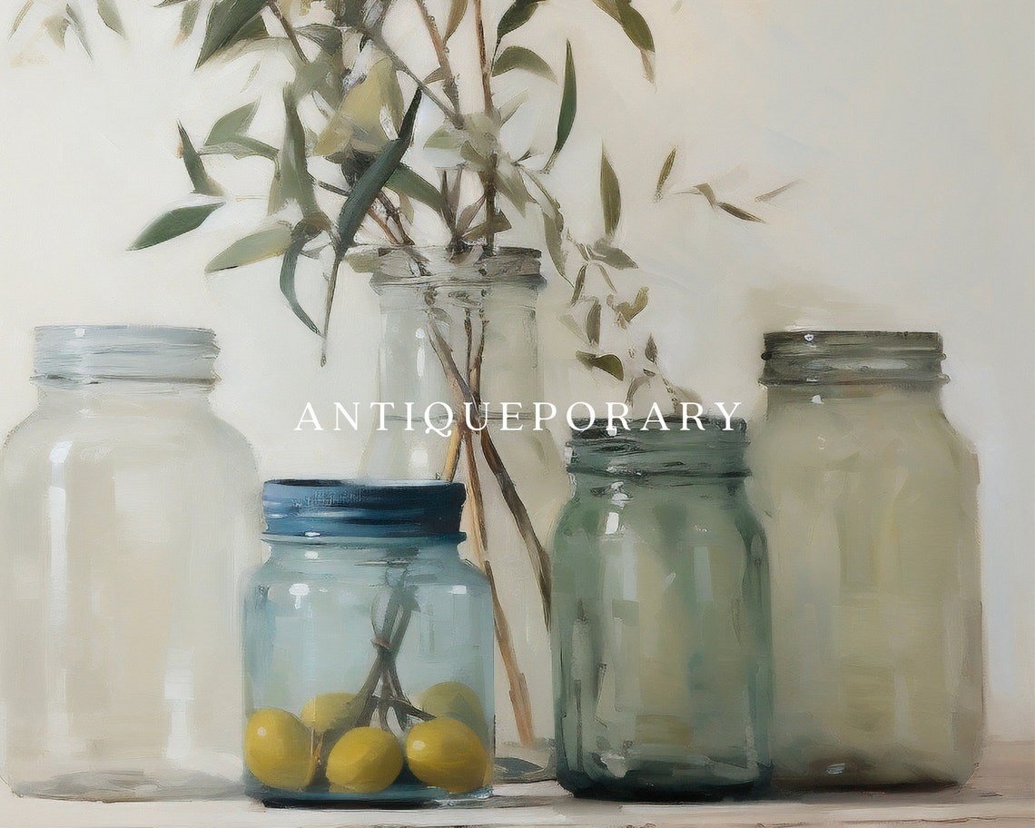 Glass Jars with Eucalyptus and Lemons Rustic Still Life Art Poster - Image 2
