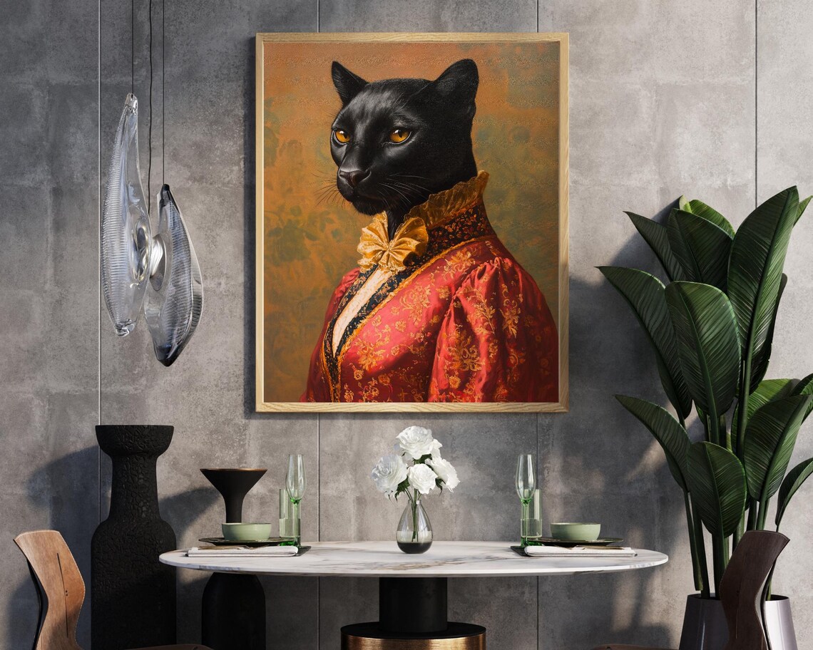 Black Cat Royal Lady Red Floral Gown Portrait Vintage Art Poster - Image 7
