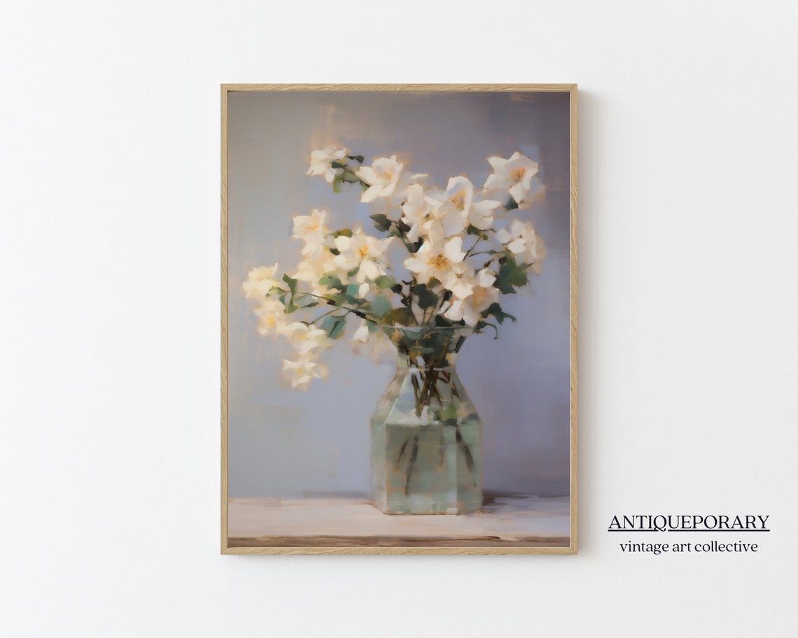 Flower Vase Still Life Painting Neutral Still Life Painting Vintage Kitchen Print Neutral Flower Oil Painting Farmhouse Decor