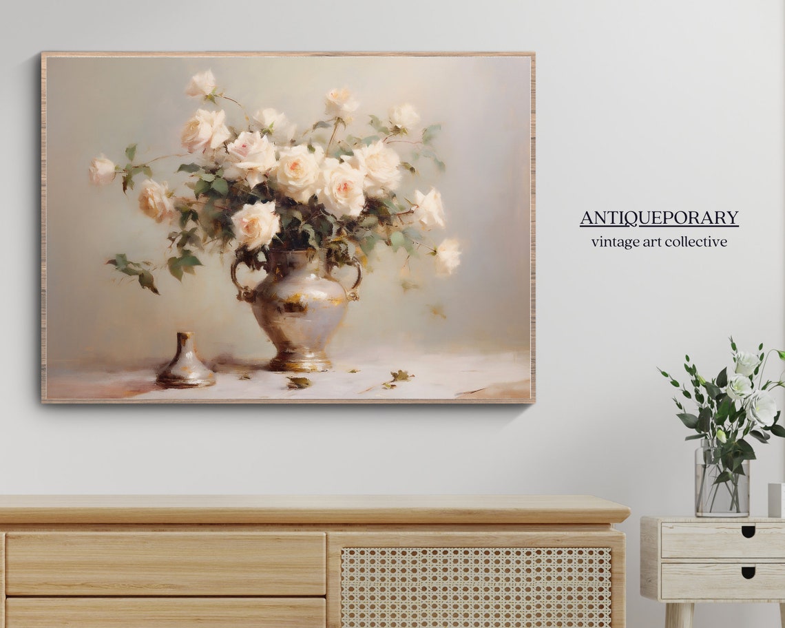Neutral Flowers Vase Still Life Oil Painting Vintage Still Life Wall Art Antique Flowers Oil Painting Floral Botanical Print - Image 7