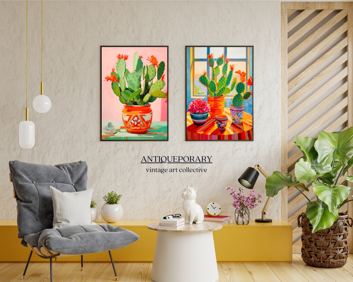 Blooming Prickly Pear Cactus in Patterned Orange Pot Pink Poster - Image 4