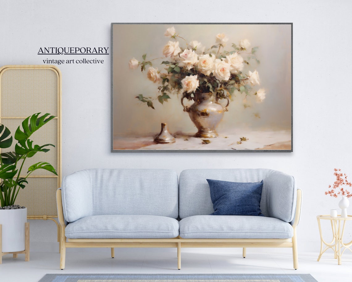 Neutral Flowers Vase Still Life Oil Painting Vintage Still Life Wall Art Antique Flowers Oil Painting Floral Botanical Print - Image 6
