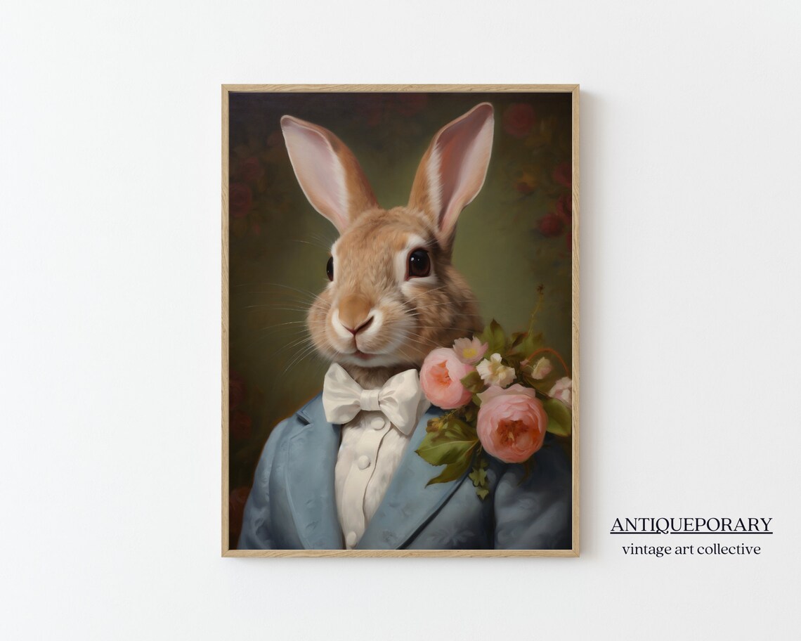Rabbit Blue Coat White Bow Tie Roses Vintage Victorian Portrait Poster