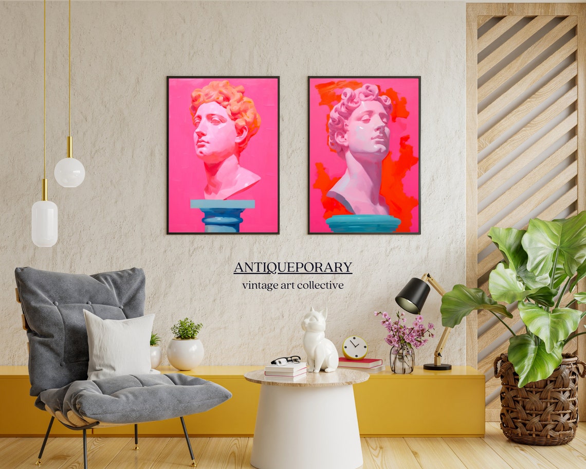 Pink Classical Bust Statue on Hot Pink Bold Modern Art Wall Print - Image 4