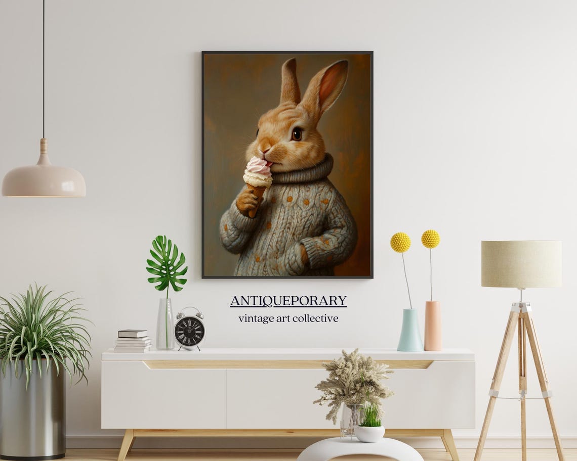 Cute Rabbit Eating Ice Cream Knit Sweater Whimsical Animal Art Poster - Image 5