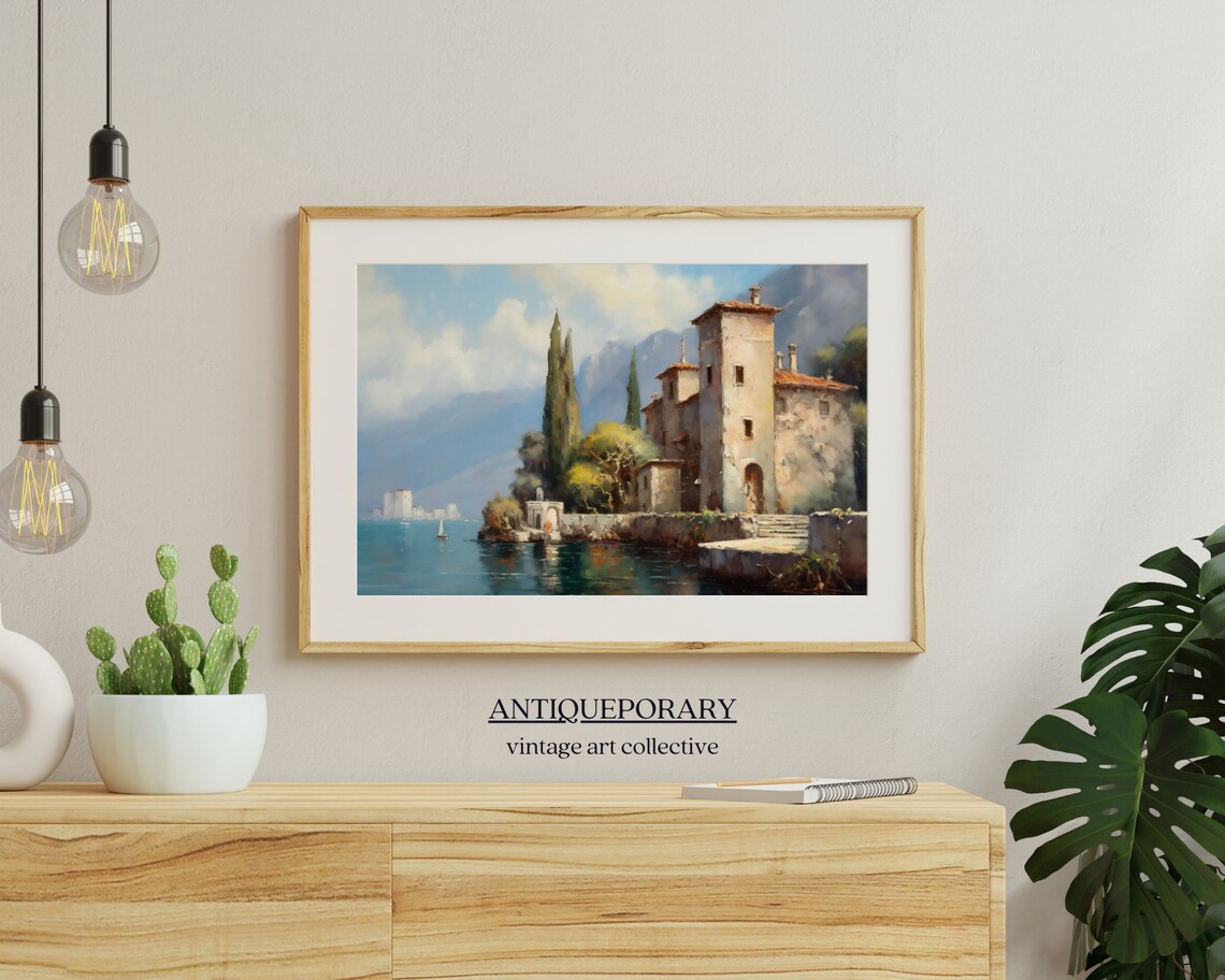 Italian Lake Village Stone Villa Cypress Trees Vintage Painting Poster - Image 4