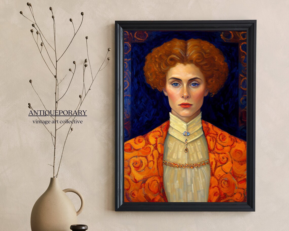 Red Haired Woman Portrait in Swirling Orange Robe Vintage Art Poster - Image 5