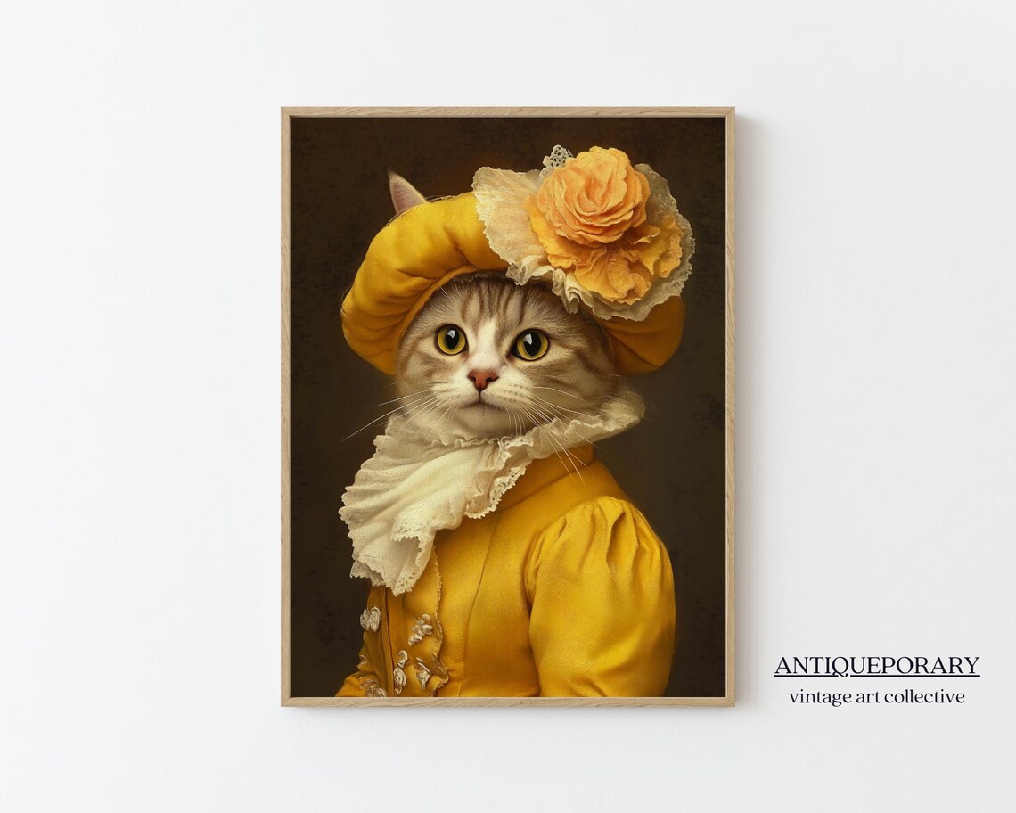 Golden Yellow Floral Hat Lady Cat Victorian Portrait Wall Art