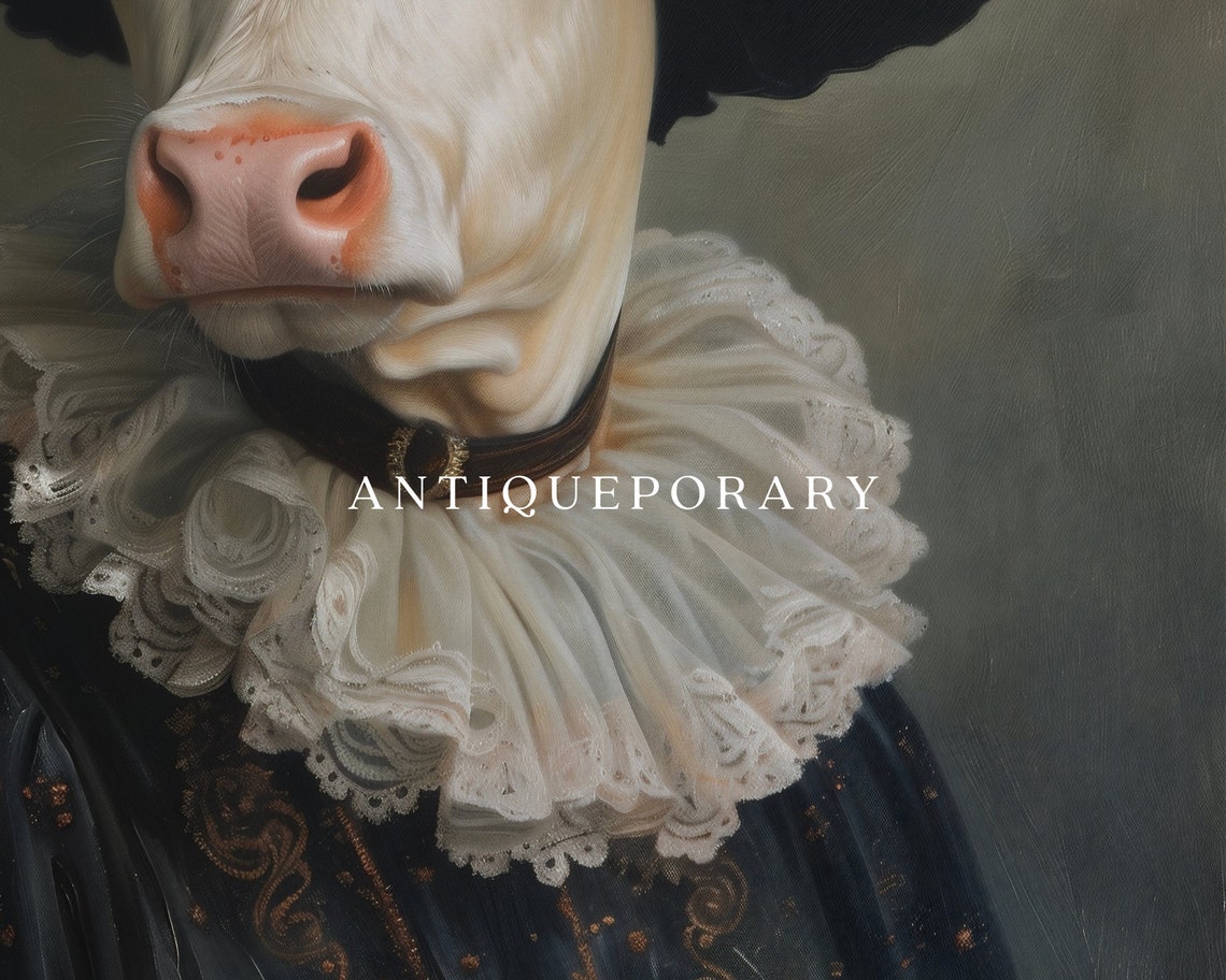 Elegant Lady Cow in Black Rose Hat Victorian Portrait Wall Art - Image 2