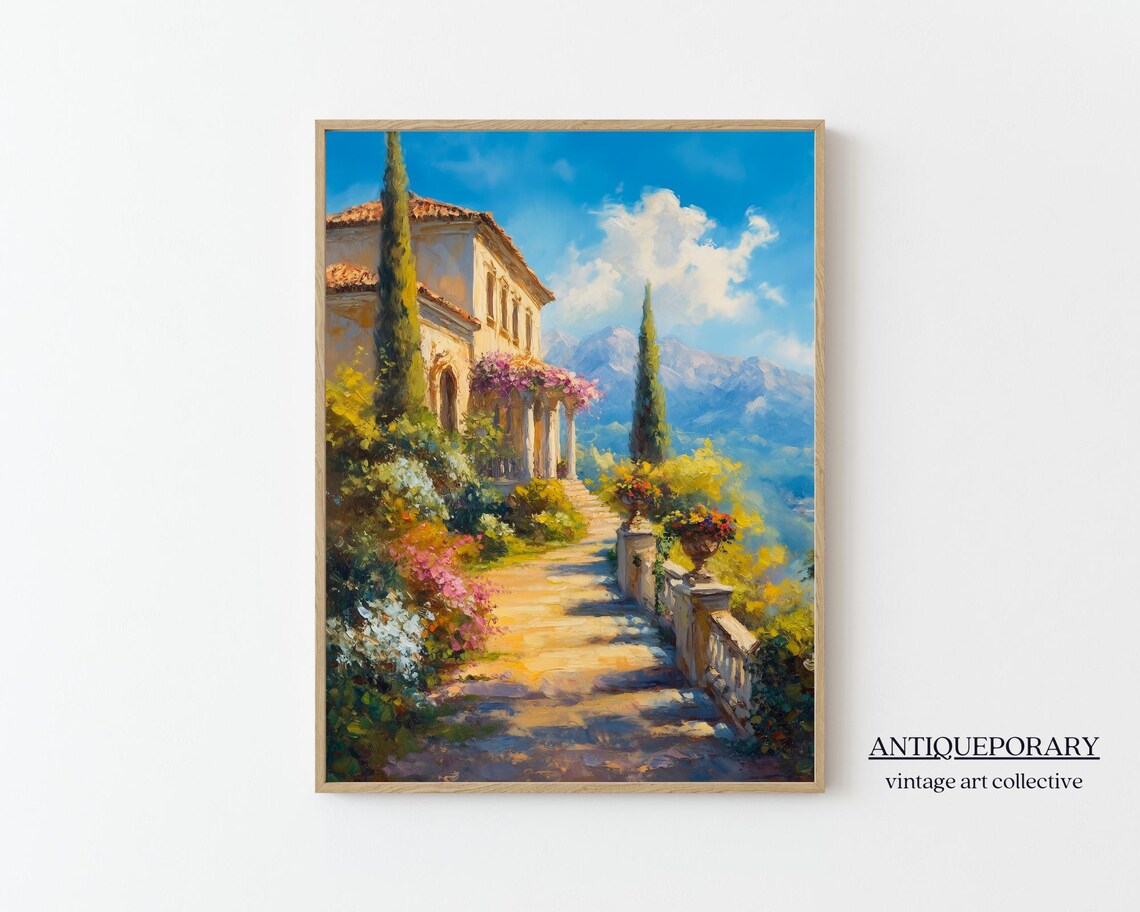 European Villa Terrace Cypress Garden Sunny Oil Painting Poster