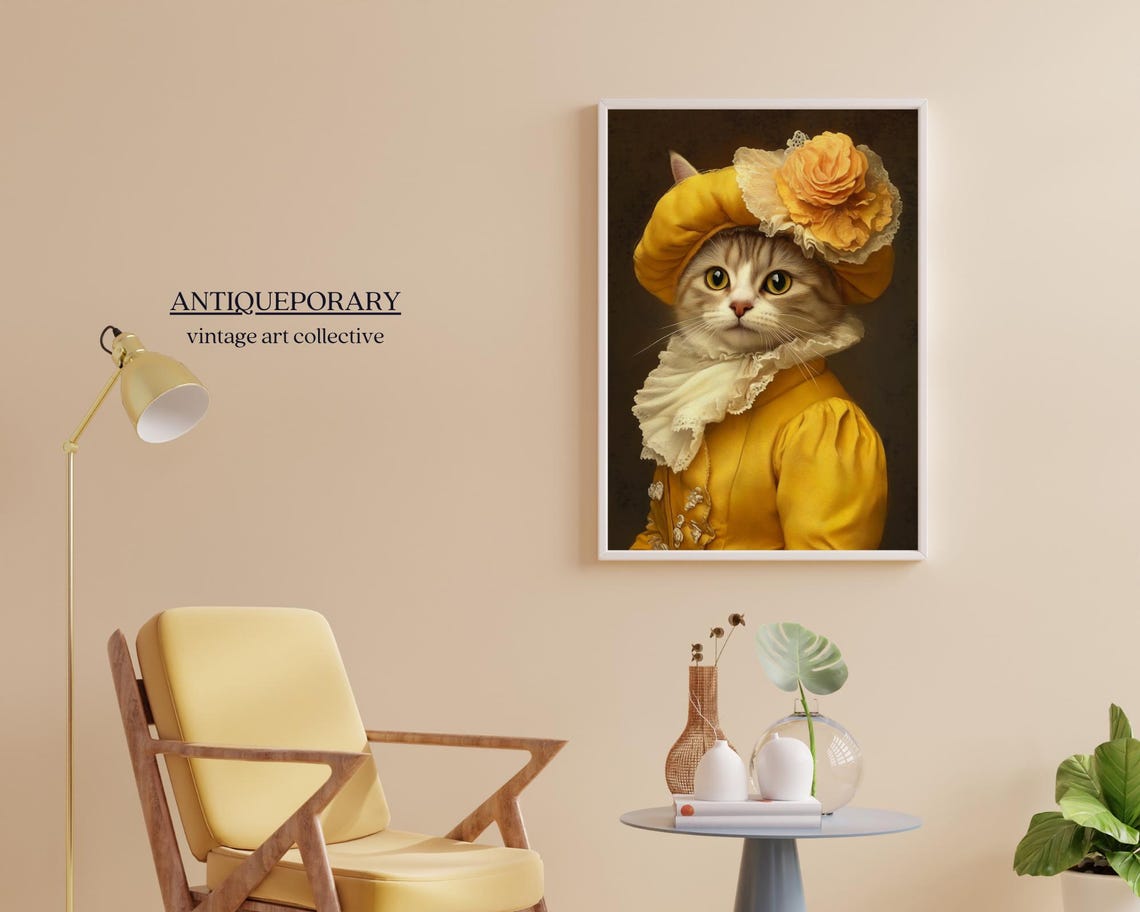 Golden Yellow Floral Hat Lady Cat Victorian Portrait Wall Art - Image 6