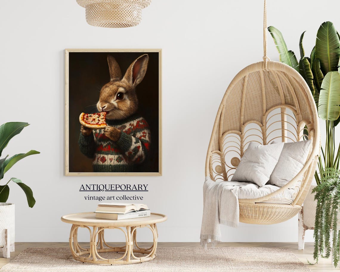Bunny in a Christmas Sweater Happily Eating Pizza Funny Animal Poster - Image 6