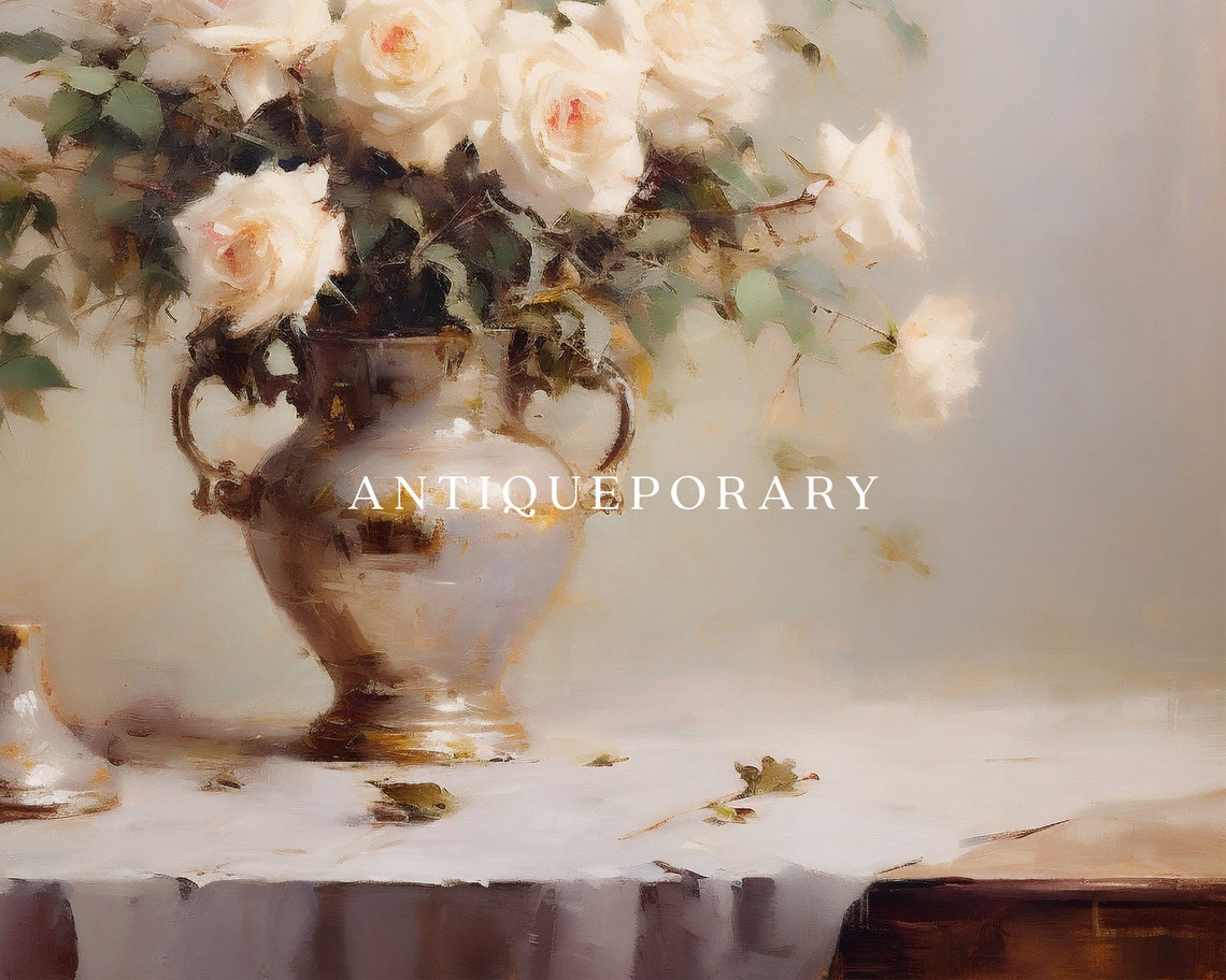 Neutral Flowers Vase Still Life Oil Painting Vintage Still Life Wall Art Antique Flowers Oil Painting Floral Botanical Print - Image 2
