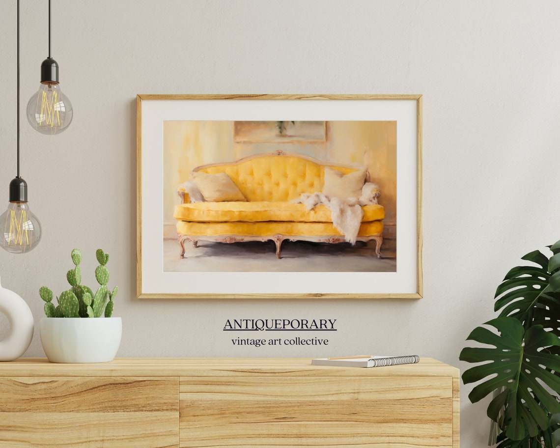 Yellow Antique Tufted Sofa Classic Interior Oil Painting Poster - Image 4