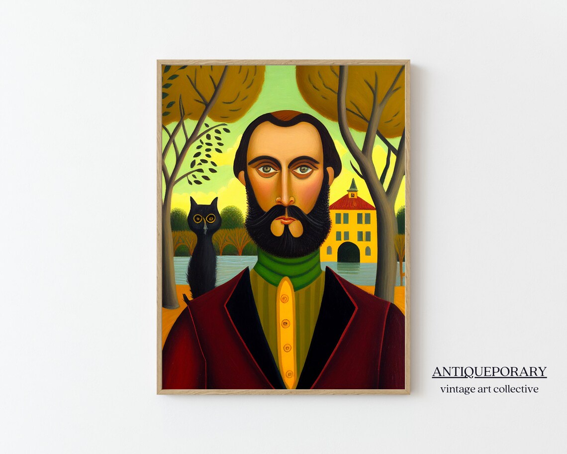 Bearded Man Black Cat Folk Art Portrait Naive Style Painting Poster