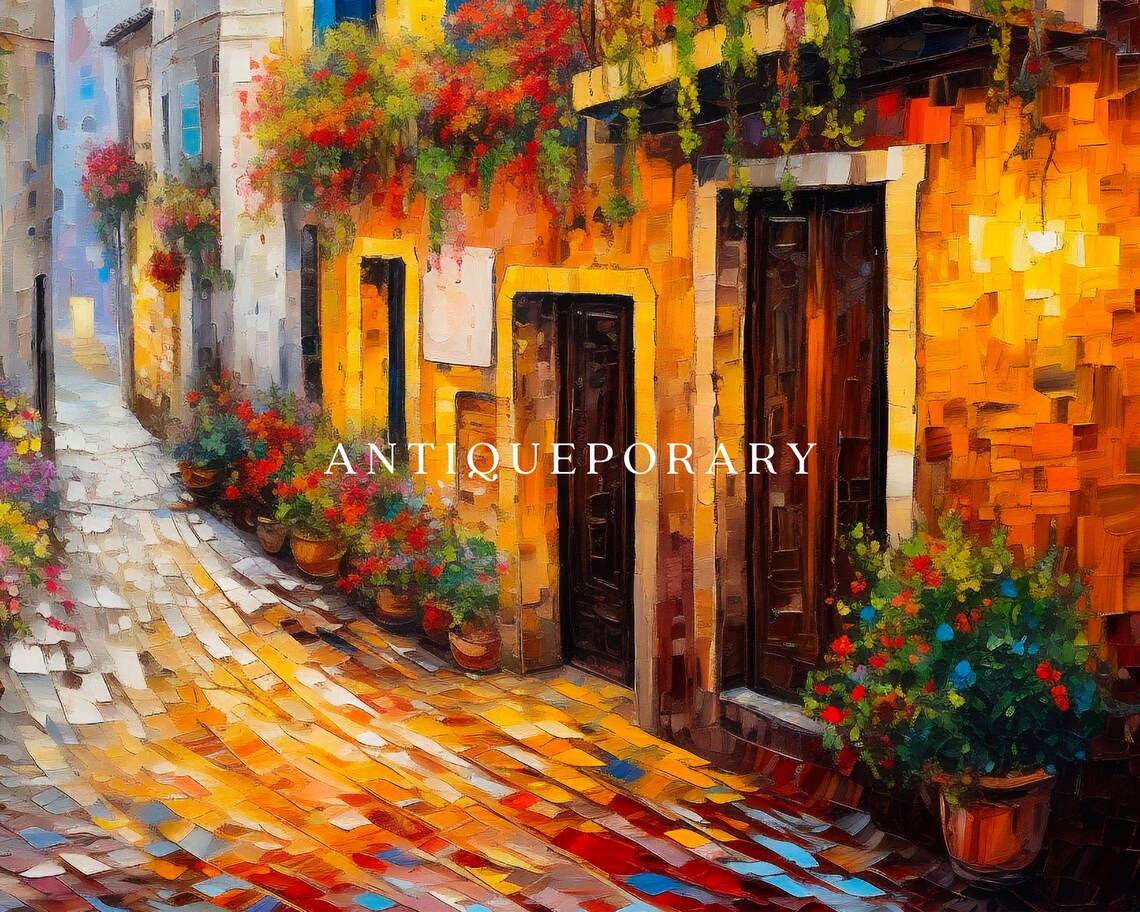 Flower Filled Italian Alley Cobblestone Street Warm Light Art Poster - Image 2