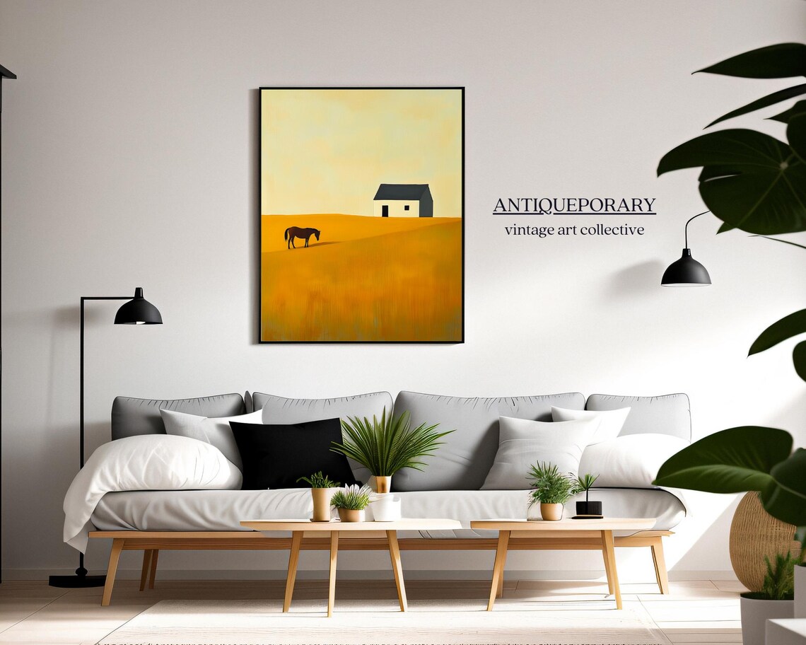 Golden Field Grazing Horse White House Warm Minimalist Art Poster - Image 4